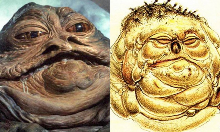 Antes y despues de bocetos de Jabba el Hutt.  "Guerra de las Galaxias"