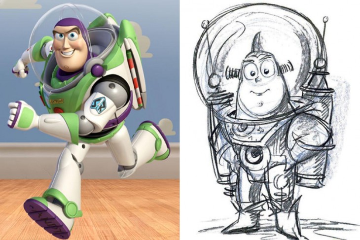 Comparacion del boceto primero de Buzz Lightyear, "Toy Story"