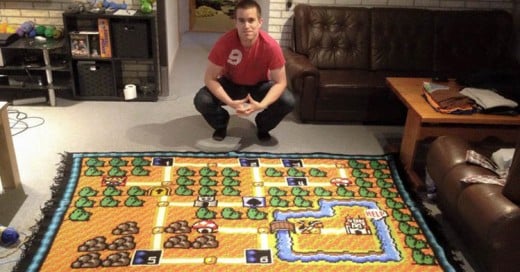 Fan de Super Mario Bros tardó 6 años tejiendo un tapete del mapa del primer nivel