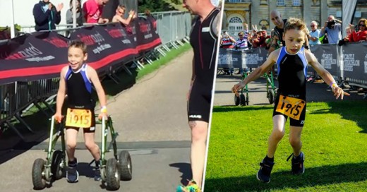 Niño de 8 años con parálisis cerebral finaliza triatlón y cruza la meta sin la ayuda de su andador