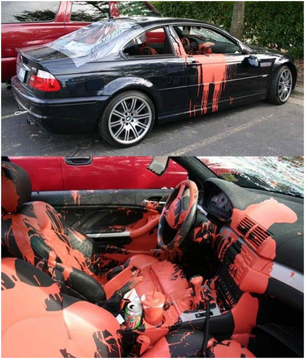 novio infiel le ponen pintura naranja en su carro bmw