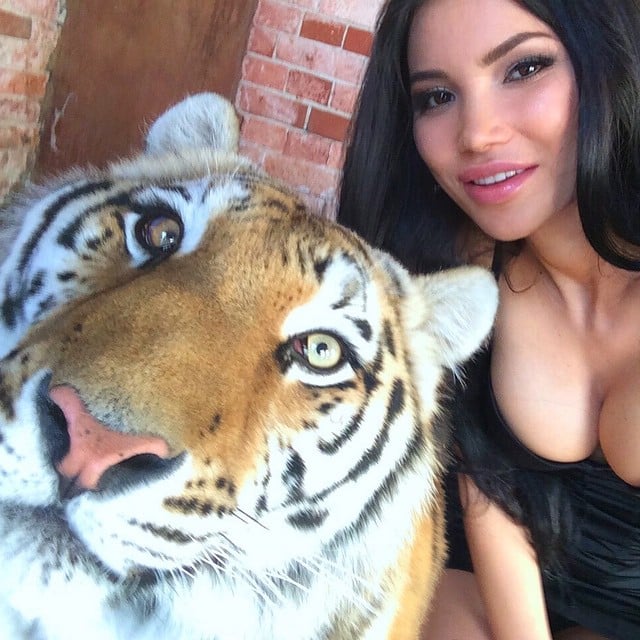 mujer se toma selfie con un tigre