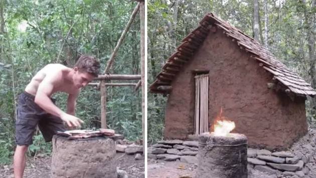 Hombre construye casa con objetos naturales