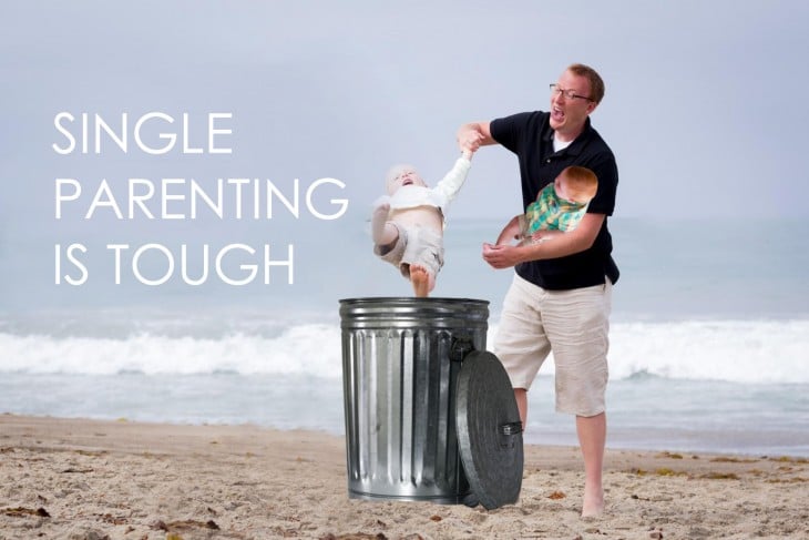 Photoshop niño cae en la playa bote de basura