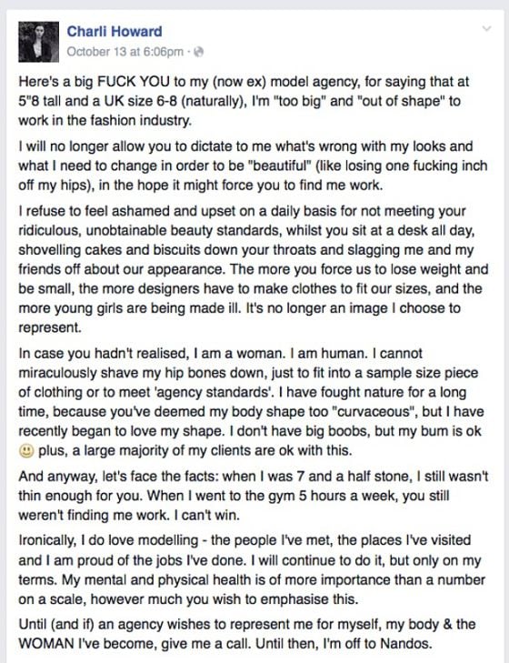 Carta de Charli en Facebook