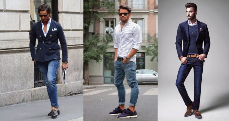 Hombres con variso tipos de zapatos y jeans