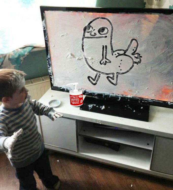 caricatura de Niño que mancha pantalla de televisor