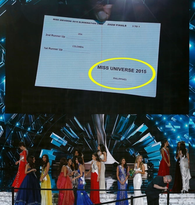 certamen Miss Universo 2015 mostrando a la pantalla el resultado final 