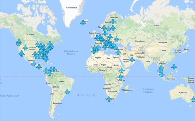 Mapa de aeropuertos con WiFi en el mundo