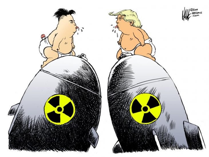 caricatura política trump y kim misisles y pañales