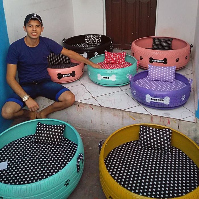 Recicla llantas viejas para hacer camas para animalitos de la calle 