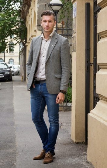 Pantalón gris con chaqueta de mezclilla
