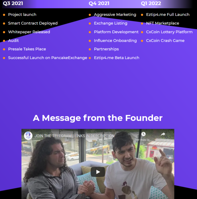 Extracto de la pagina CxCoin con su fundador Ice Poseidon Paul Denino haciendo publicidad así como el plan de negocios de la criptomoneda