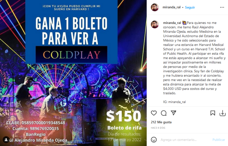 Boleto para la rifa del boleto para coldplay de Raúl