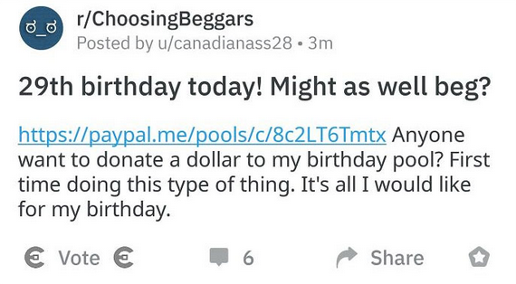 Mendigar en su cumpleaños canadiense post en reddit