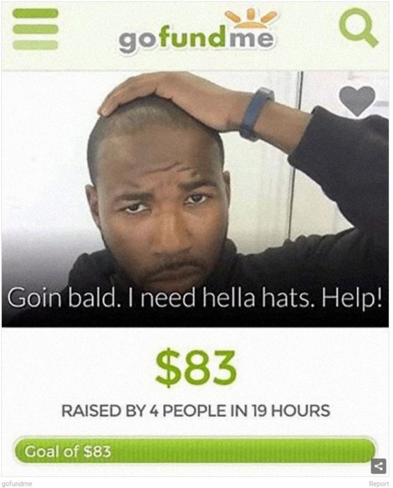 Campaña en gofundme para comprar sombreros para un hombre afroamericano que está quedándose calvo cura para la calvicie