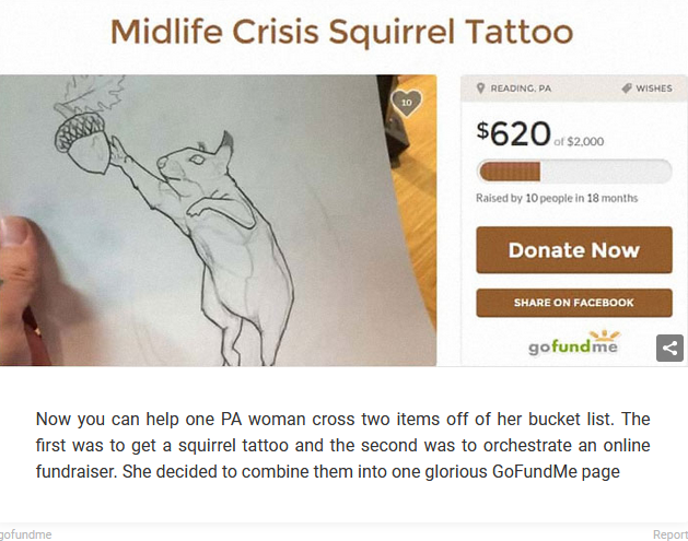 Gofundme para crisis de la mediana edad tatuaje de ardilla