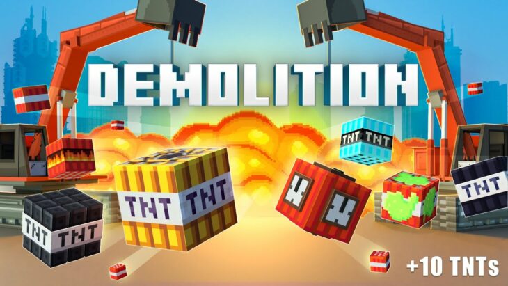 Gráficos de demolición en minecraft mostrando maquinaria palas mecánicas y trinitrotolueno TNT