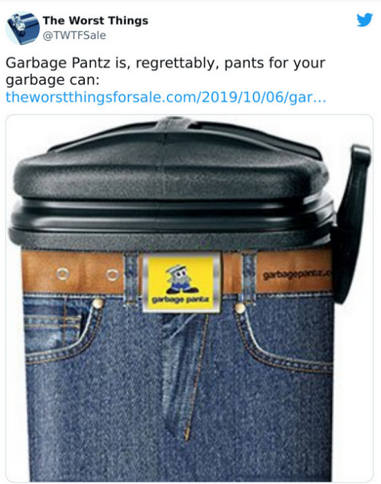 Bote de basura luciendo el producto de novedad Pantalonez Basura
