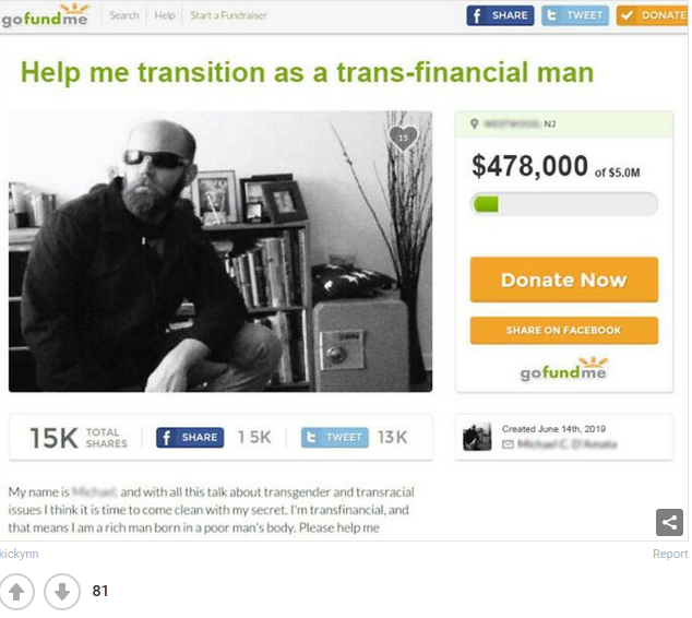Hombre transfinanciero pide fondos para volverse millonario en gofundme