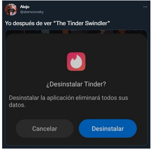 pantalla de desinstalación de tinder