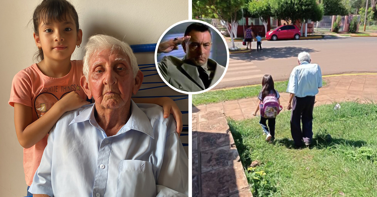 Abuelo de 90 años acompaña a su nieta todos los días a la escuela