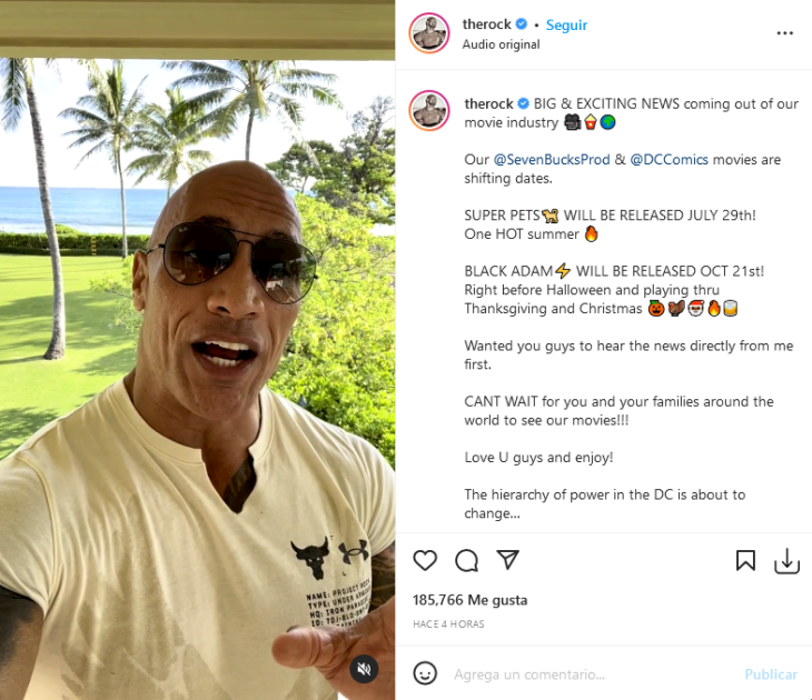 Anuncio de Dwayne Johnson en su instagram sobre retraso en Black Adam