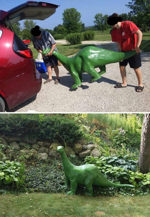 hombres cargando una figura de un dinosaurio en color verde 