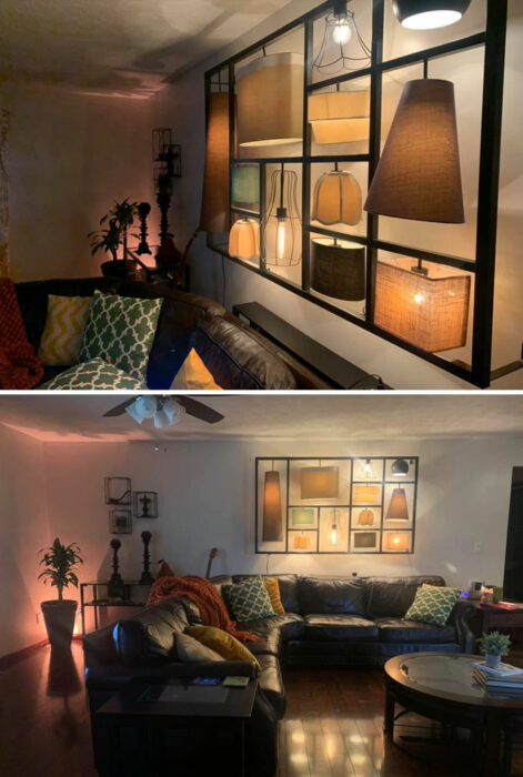 sala de una casa que muestra un cuadro hecho de lámparas 
