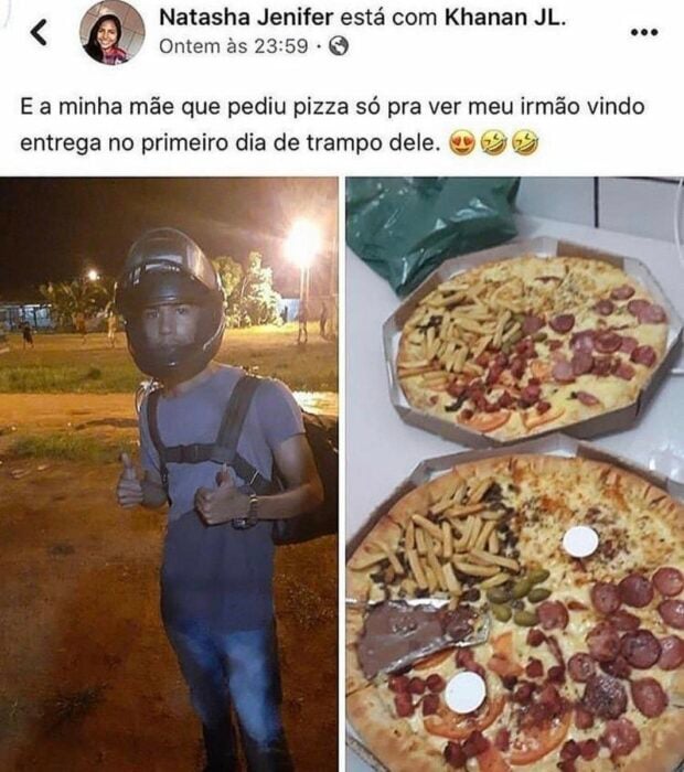 Captura de la publicación de Facebook de una pizza a lado de un repartidor