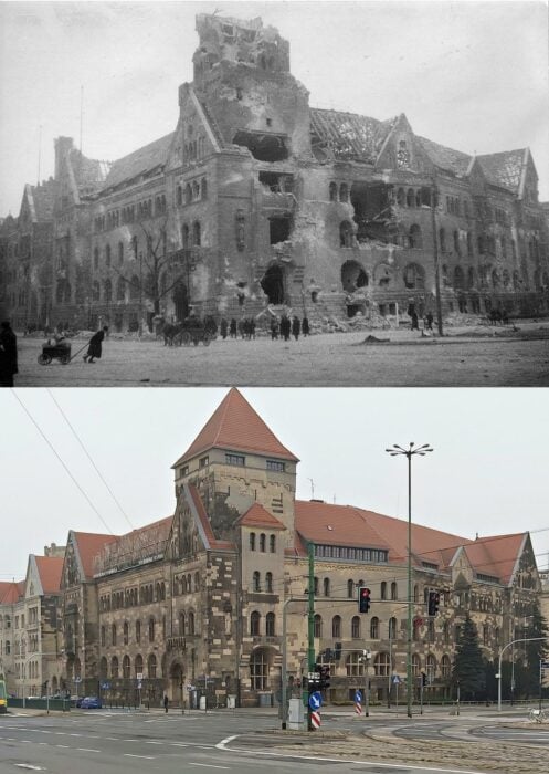 Edificio de la FIlarmónica de Poznan 1946 y hoy