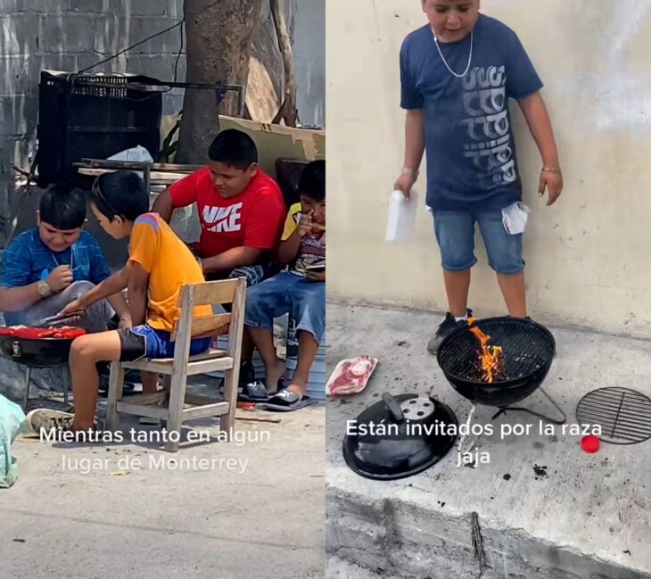 Niños preparando una carnita asada