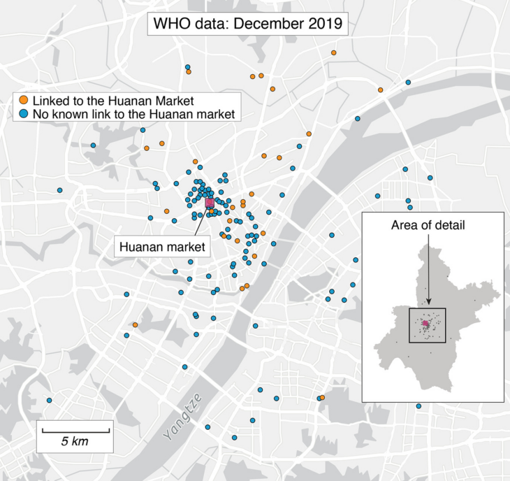 Distribución de primeros casos en Huanan