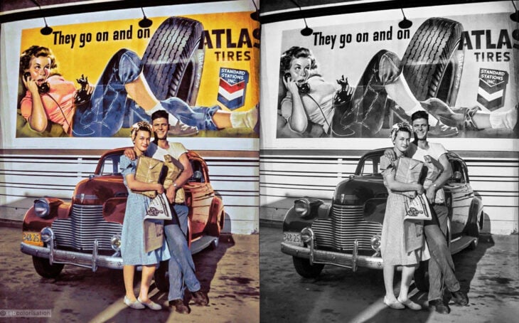 Pareja posando frente a su auto 1940s