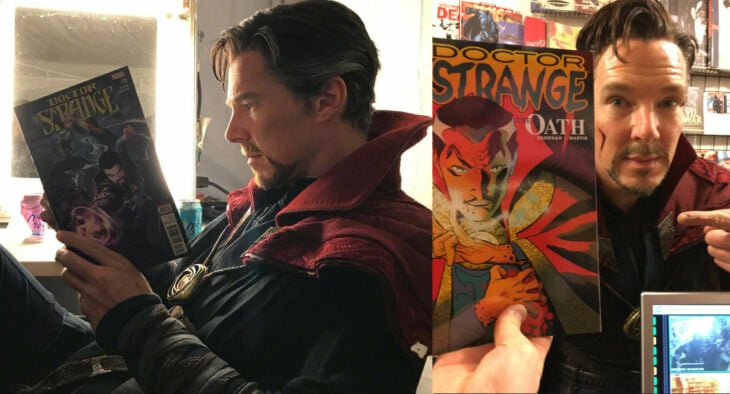 Benedict Cumberwatch leyendo Dr. Strange durante la filmación de Dr. Strange