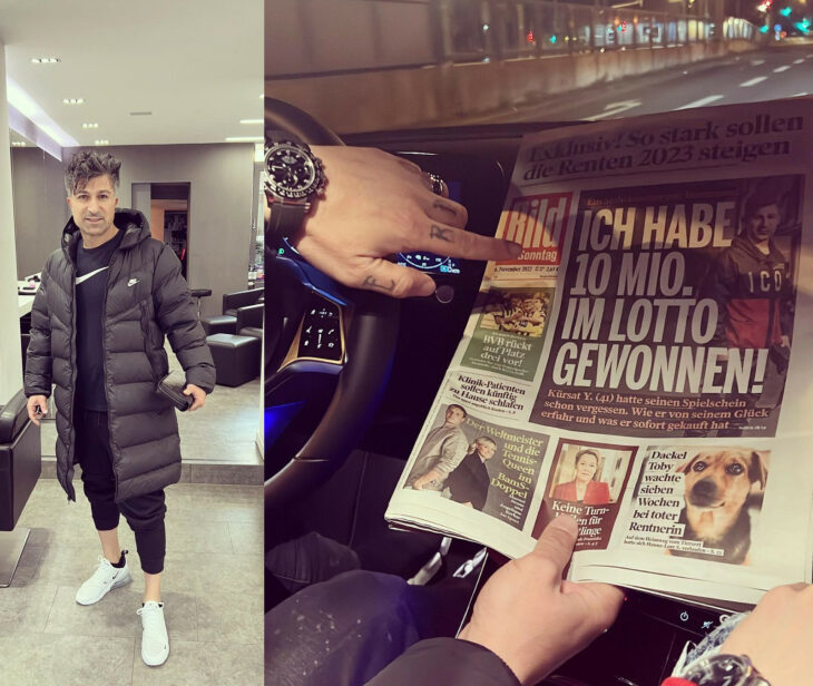 Chico Yildrim señalando el periódico donde dice que ganó la lotería