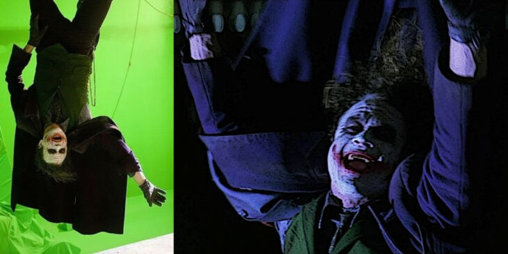 Heath Ledger patas para arriba en batman el caballero de la noche