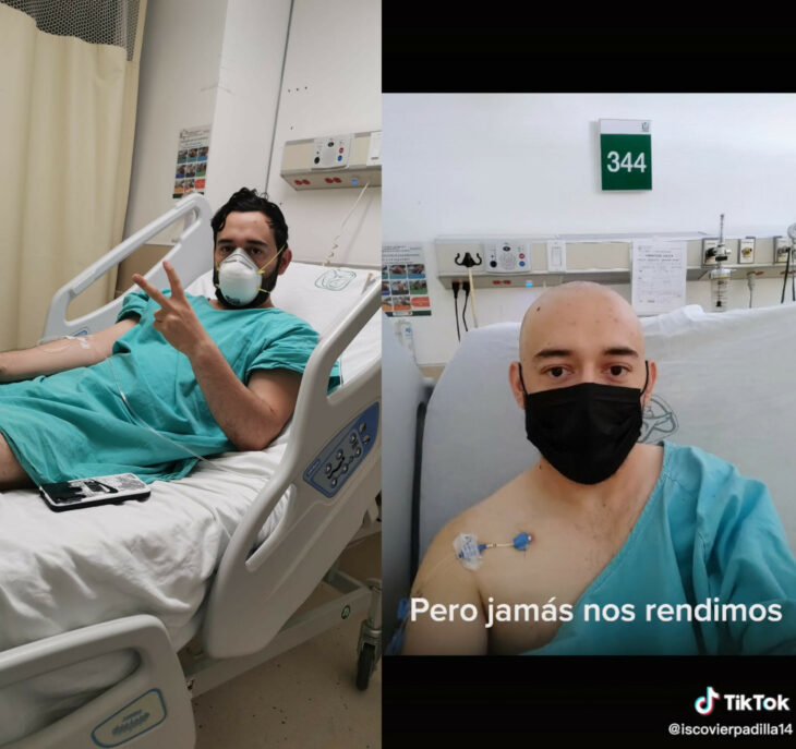 Francisco Javier haciendo el signo de la paz primero y luego de haberse sometido a la quimioterapia paciente cáncer