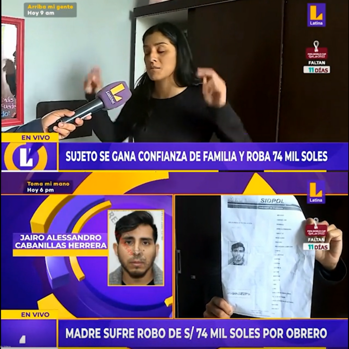 fotogramas de María Paula Rentería y de Jairo Alessandro cabanillas Herrera en el programa de televisión Latina robró el dinero de su casa mientras se ausentaba