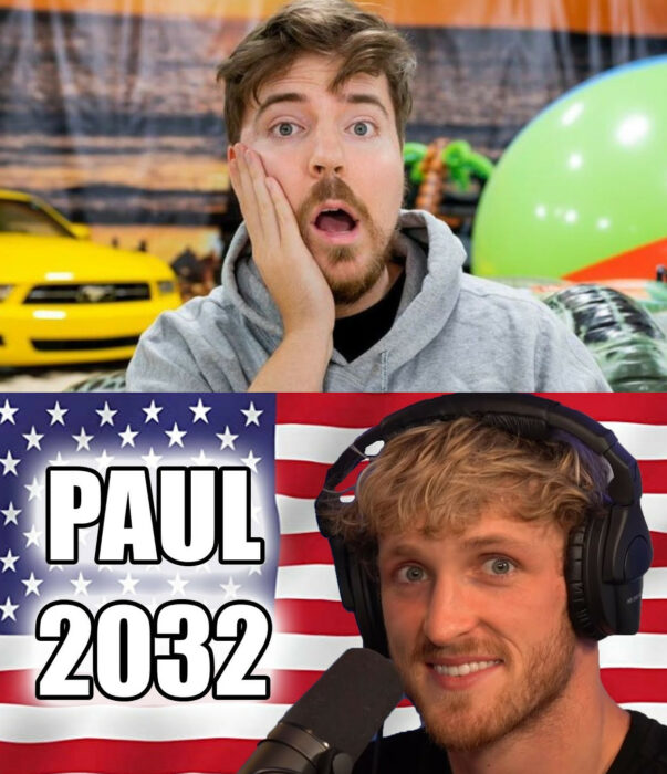 Mr Beast luciendo sorprendido con una mano en la mejilla Paul logan con auriculares frente a una bandera estadounidense con la leyenda Paul para 2032Quizá ni el primero sería