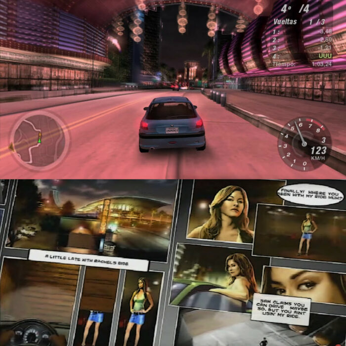 Need for speed 2 en Playstation con un aimagen del game play y con una escena intermedia Cutscene Need for speed Underground 2