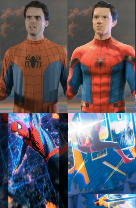 Muestra del proceso de Corridor Digital recreando into the spiderverse con Dean Hughes como Spidey convertido en Tom Holland