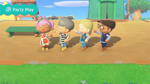 Animal Crossing cuatro personajes de Animal Crossing de Nintendo Bailando con Tom Nook en el fondo