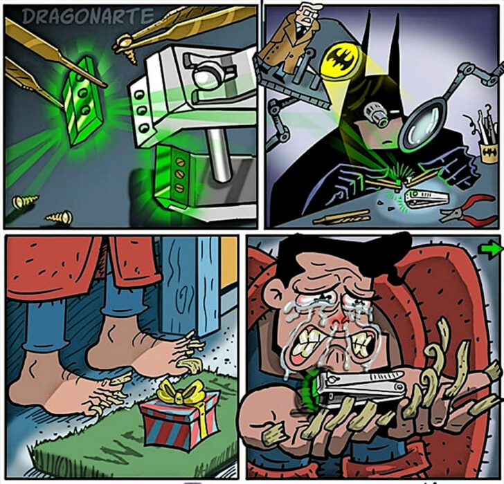 Batman le regala un corauñas de kriptonita a superman quien lo recibe con mucha emoción