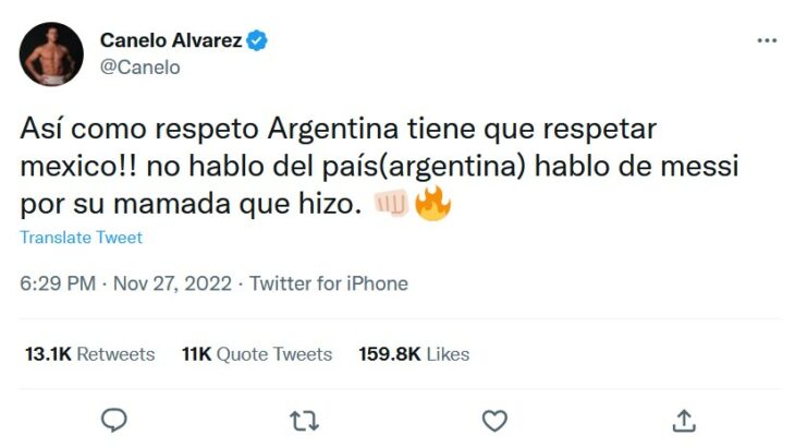 Canelo reclamándole a Messi por medio de Twitter por su falta de cuidado con los símbolos patrios