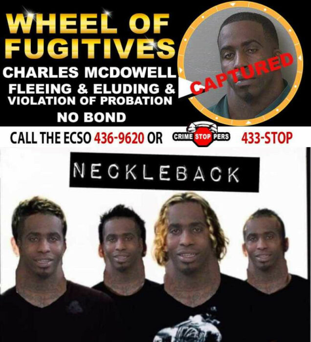 Boletín de la Rueda de criminales mostrando foto de McDowell y un meme del cuello de CuelloAncho