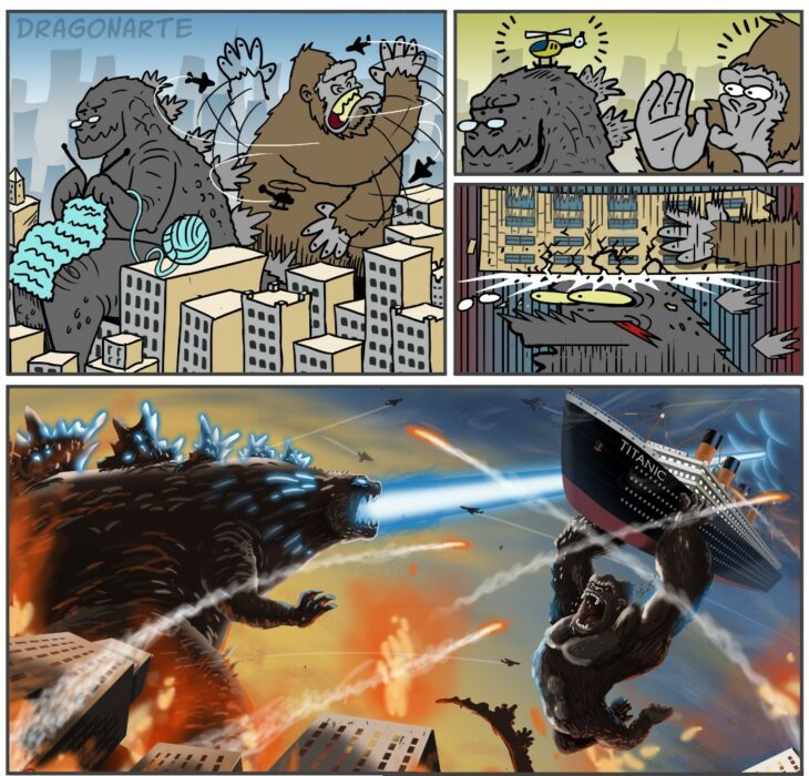 King kong está tratando de deshacerse de un molesto helicóptero que se detiene en la cabeza de Godzilla y en ese momento kong destruye al vehículo empleando un edificio lo cual enfurece a Godzilla iniciando una batalla entre ambos donde Godzilla emplea su aliento de plasma mientras que kong arremete usando al Titanic