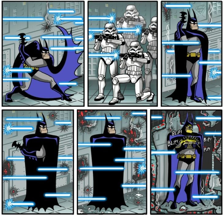 Batman se apresta a atacar con un baterang a cuatro stormptroopers imperiales de star wars que lo están atacando con blasters pero se percata de que vale la pena porque tienen muy mala puntería