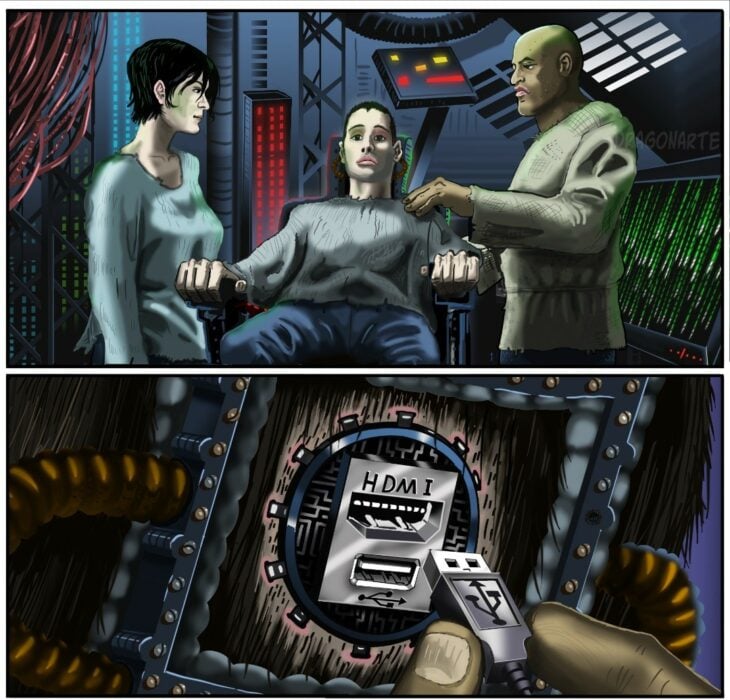 Neo Trinity y Morfeo de The Matrix están por conectar a Neo con un cable de HDMI parodia de La Matrix