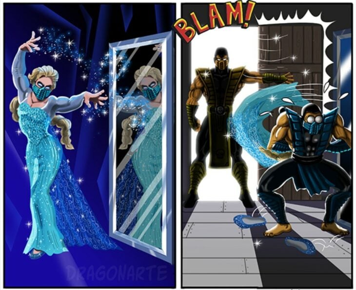 Cómic de parodia de Mortal Kombat Subzero está haciendo cosplay de Elsa de Frozen cuando entra Scorpion a la habitación y Subzero oculta su vestido